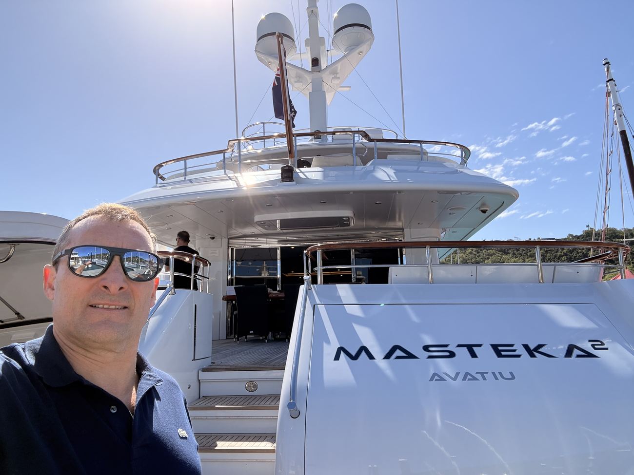 Selfie at the transom, MASTEKA 2 lettering behind