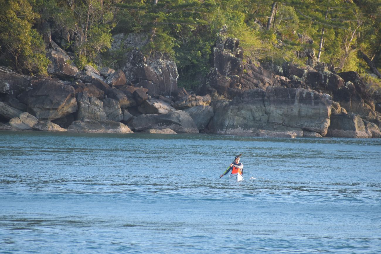 A paddler dwarfed by dark cliffs and pine headland