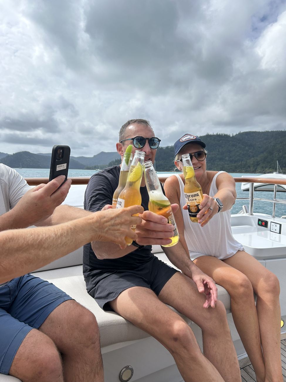 Beers clinked on deck after the climb